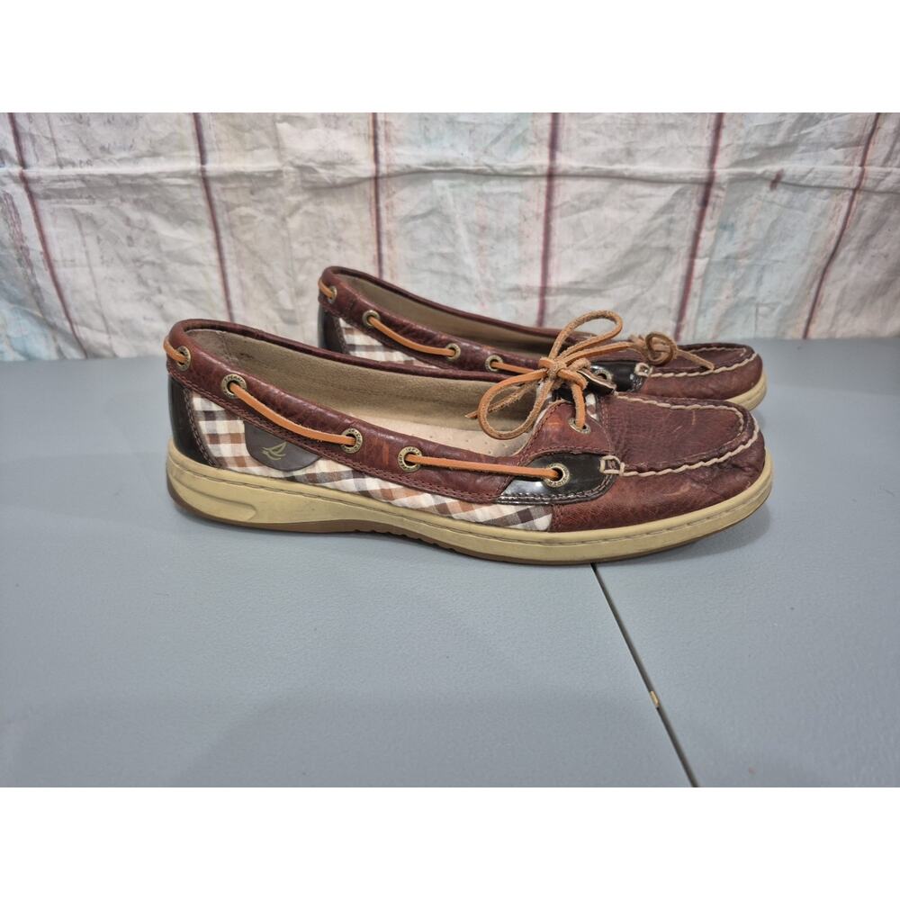 Sperry Angelfish Top Sider Brown Plaid Leather Slip On Boat Shoes Womens Size 8M